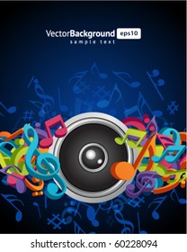 Speaker with fly 3d music notes vector background
