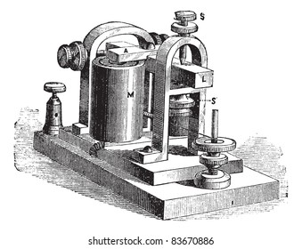 Orador. - Un cuadro, L, varilla, M, electroimán; Tornillos SS, ilustración vintage. Enciclopedia Trousset (1886-1891).