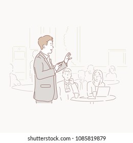 A speaker in front of an audience. hand drawn style vector doodle design illustrations.