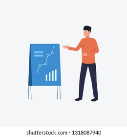 Speaker giving lecture with line chart on board. Business man, diagram, graph, analysis. Can be used for topics like business, presentation, lecture