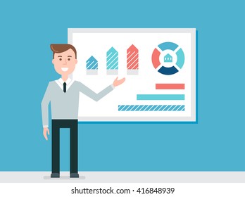 Speaker Giving Presentation Using Diagrams and Charts. Vector Illustration.
