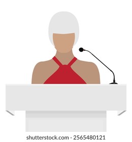 Speaker giving a speach from the podium. Businesswoman's speach from a lectern with microphones. Isolated on white background. Vector