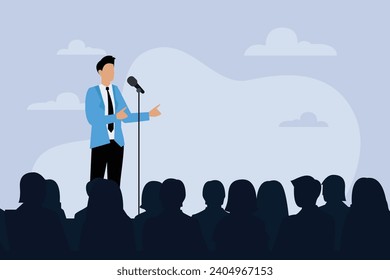 Speaker giving a speech from a lectern with microphones in front of an audience 2d flat vector illustration