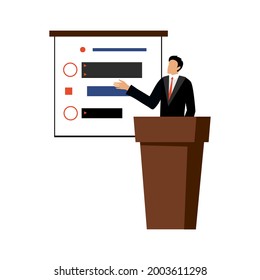 El orador da un discurso en el podio. Icono de orador, discurso, educación, negocios. Icono para negocios, educación, aplicación de voz. Ilustración plana vectorial, estilo de dibujos animados.