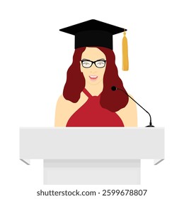 Speaker giving a speech from the podium. Graduting senior student in graduation cap speaking speech from a lectern with microphones. Isolated on white background. Vector