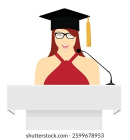 Speaker giving a speech from the podium. Graduting senior student in graduation cap speaking speech from a lectern with microphones. Isolated on white background. Vector