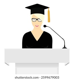 Speaker giving a speech from the podium. Graduting senior student in graduation cap speaking speech from a lectern with microphones. Isolated on white background. Vector