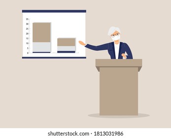 Speaker gray-haired woman in protective face mask behind lectern make report and point to poster with diagram of decrease of indicators during virus epidemic.Lecturer or expert give assessment.Vector 
