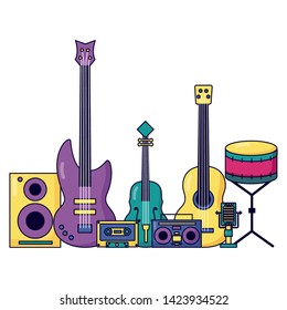 speaker guitar cassette boombox fiddle drum music colorful background vector illustration