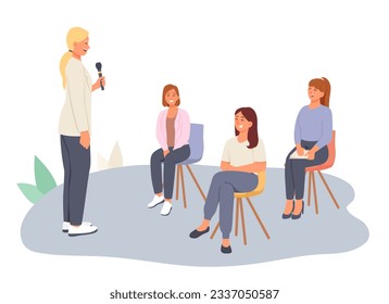 Speaker holding microphone and talking to females. Conference for different workers. Project presentation, collective meeting. Vector flat illustration in cartoon style