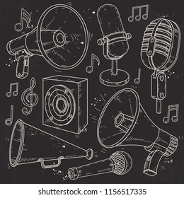 Speaker, horn, microphone and speaker surrounded by music notes on black background.