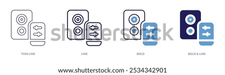 Speaker icon in 4 different styles. Thin Line, Line, Bold, and Bold Line. Duotone style. Editable stroke.