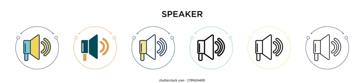 Speaker icon in filled, thin line, outline and stroke style. Vector illustration of two colored and black speaker vector icons designs can be used for mobile, ui, web