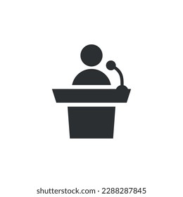 Speaker icon in flat style. Conference podium vector illustration on isolated background. Public speech sign business concept.