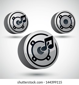 Speaker icon isolated, 3d vector music theme design element, 3 versions set.