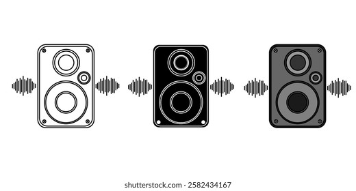 Speaker Icon. Loud music home system symbol. Vector set of audio bass with Bluetooth technology. Flat outline,line and gylph