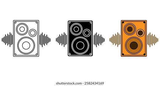 Speaker Icon. Loud music home system symbol. Vector set of audio bass with Bluetooth technology. Flat outline,line and gylph