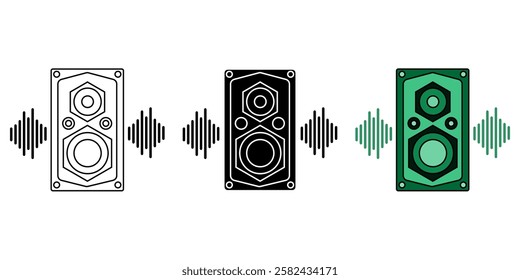 Speaker Icon. Loud music home system symbol. Vector set of audio bass with Bluetooth technology. Flat outline,line and gylph