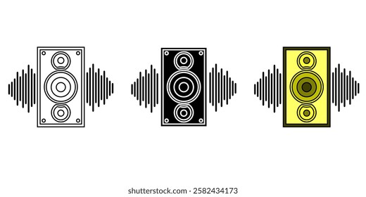 Speaker Icon. Loud music home system symbol. Vector set of audio bass with Bluetooth technology. Flat outline,line and gylph