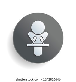 Speaker icon. Man and microphones. White paper symbol on gray round button or badge with shadow