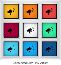Speaker icon. Megaphone, loudspeaker symbol. Flat design style. Made in vector illustration. Emblem or label with shadow.