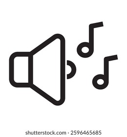 Speaker icon with musical notes, sound and music symbol, black and white vector illustration isolated on white background.	
