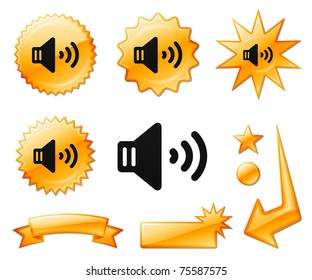 Speaker Icon on Orange Burst Banners and Medals Original Vector Illustration