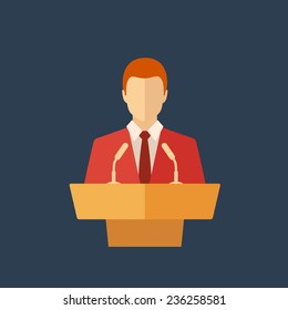 speaker icon. orator speaking from tribune. vector flat design colorful illustration