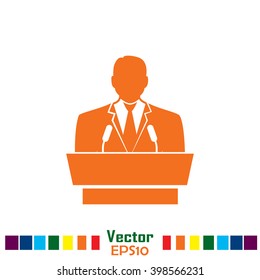 speaker icon. orator speaking from tribune vector illustration