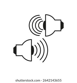 Speaker icon pair. Sound waves shape. Audio vector symbol. Black listening device.