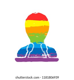 Speaker icon. Person silhouette and microphones on tribune. Drawing sign with LGBT style, seven colors of rainbow (red, orange, yellow, green, blue, indigo, violet