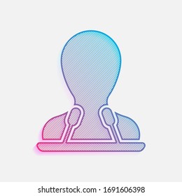 Speaker icon. Person silhouette and microphones on tribune. Colored logo with diagonal lines and blue-red gradient. Neon graphic, light effect