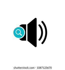 Speaker icon with research sign. Speaker icon and explore, find, inspect symbol. Vector illustration