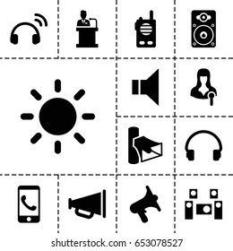 Speaker icon. set of 13 filled speakericons such as woman speaker, volume, headset, megaphone, loudspeaker, speaker, contrast, audio system, walkie talkie