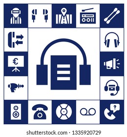 speaker icon set. 17 filled speaker icons.  Collection Of - Player, Phone, Presentation, Audiobook, Blaster, Headphones, Megaphone, Woofer, Earphones, Telephone, DJ, Radio, Voice message