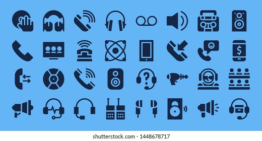 speaker icon set. 32 filled speaker icons. on blue background style Simple modern icons about  - DJ, Phone call, Call, Megaphone, Headphones, Presentation, Telephone, Phone, Headset