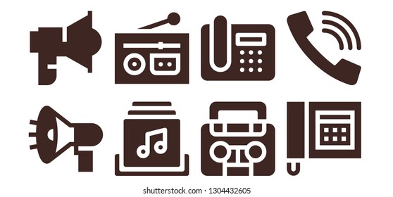 speaker icon set. 8 filled speaker icons.  Collection Of - Megaphone, Loudspeaker, Music album, Radio, Telephone, Call