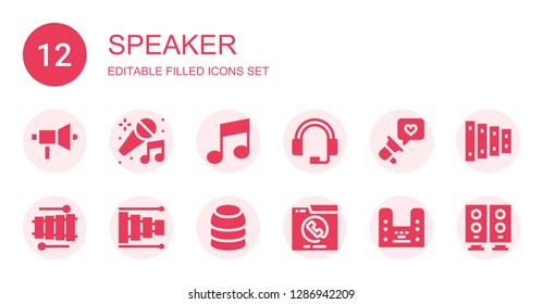 speaker icon set. Collection of 12 filled speaker icons included Megaphone, Karaoke, Music, Headphones, Xylophone, Training, Phone call, Woofer