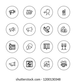 Speaker icon set. collection of 16 outline speaker icons with bottles ball, dj, megaphone, movie camera, phone call, phone, presentation, speak, speaker, speakers icons.