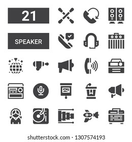 speaker icon set. Collection of 21 filled speaker icons included Amplifier, Blaster, Xylophone, DJ, Headphones, Megaphone, Conference, Presentation, Recording, Radio, Call, Disco