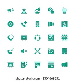 speaker icon set. Collection of 25 filled speaker icons included Megaphone, Music, Presentation, Music player, Audio player, Radio, Earbuds, Mute, Phone call, Demonstration, DJ