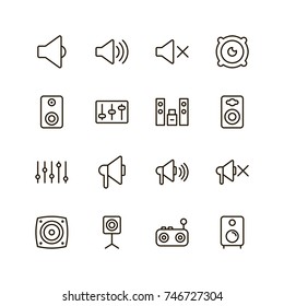 Speaker icon set. Collection of high quality outline sound pictograms in modern flat style. Black music symbol for web design and mobile app on white background. Audio line logo.