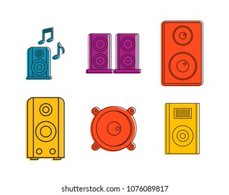 Speaker icon set. Color outline set of speaker vector icons for web design isolated on white background