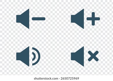 Speaker icon set. Icons Representing Audio Control Functions for Speakers Including Mute and Unmute Options.