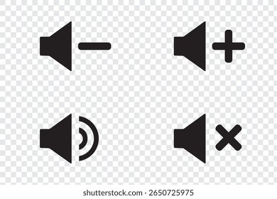 Speaker icon set. Icons Representing Audio Control Functions for Speakers Including Mute and Unmute Options.
