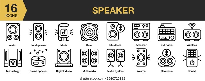 Conjunto de iconos de altavoz. Incluye amplificador, sistema de audio, graves, bluetooth, música digital, electrónica y más. Colección de Vector de iconos de contorno.