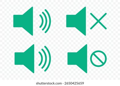 Speaker icon set. Mute sound icon set. Sound icon, volume symbol, speaker sign, audio control icon set. No speaker symbol. Vector Illustration