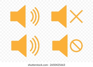 Speaker icon set. Mute sound icon set. Sound icon, volume symbol, speaker sign, audio control icon set. No speaker symbol. Vector Illustration