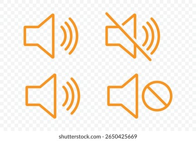 Speaker icon set. Mute sound icon set. Sound icon, volume symbol, speaker sign, audio control icon set. No speaker symbol. Vector Illustration