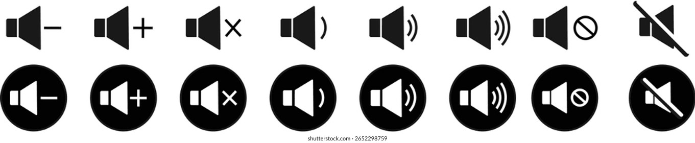 Lautsprecher-Symbolsatz. Lautstärkeregler stumm und unstumm schalten, Vektorsymbole der Lautsprecher, Klanggrafik,
